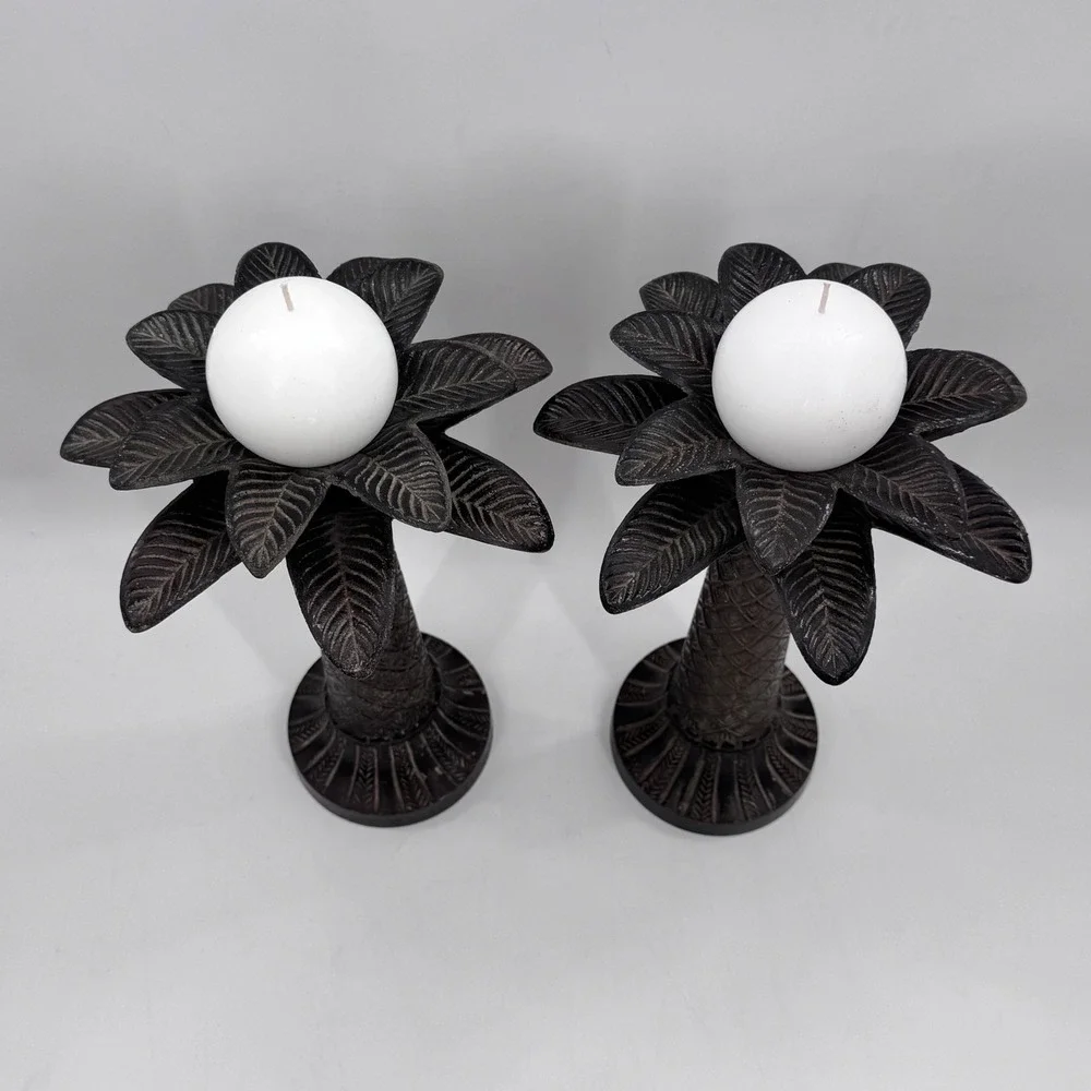 Vintage Iron Palm Tree Candle Holders Pair 15
